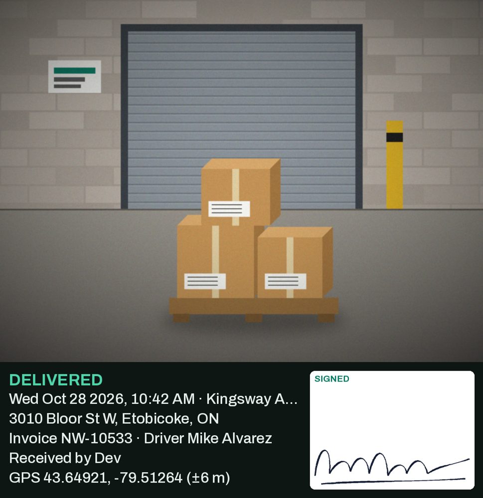 A sample Droplog proof photo: boxes left at a loading door, stamped with Delivered, the date and time, address, invoice number, driver, receiver's name, GPS location and a signature
