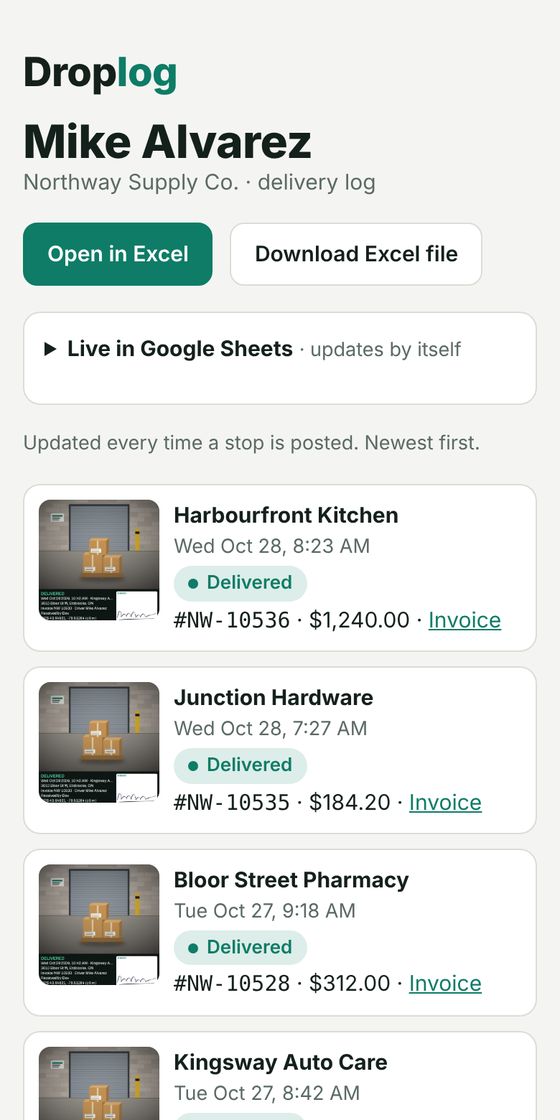 A driver's delivery log: each stop with its stamped photo, time, invoice number and amount
