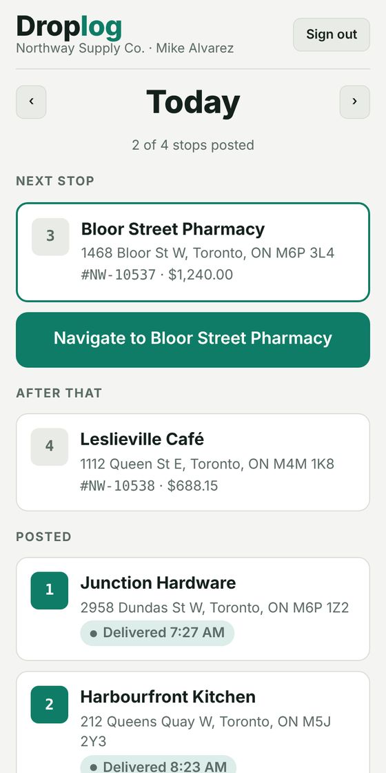 The driver's route on a phone: next stop, a Navigate button, and stops already posted