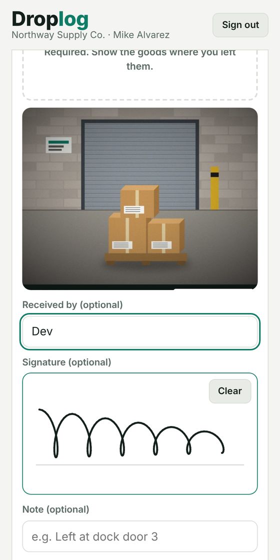 Posting a stop: the delivery photo, the receiver's name and a finger signature
